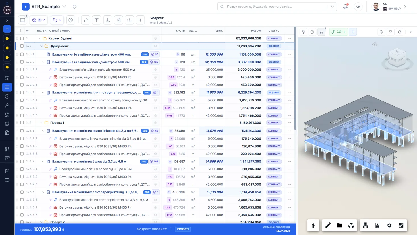 Інтерфейс CCM Platform: бюджет проєкту з BIM-моделлю
